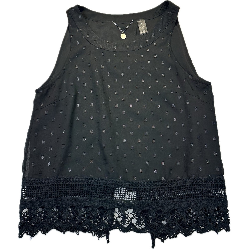 BKE Boutique Womens Black Crochet Lace Hem Tulip Back Top‎ S Grunge Fairy